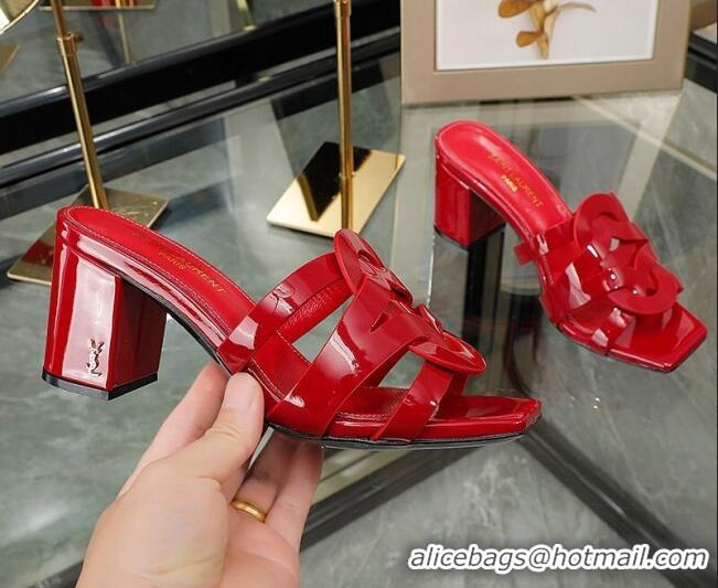 Hot Style Saint Laurent Medium Heel Slide Sandals in Patent Leather Red 324075