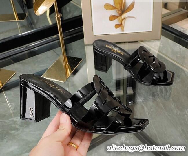 Good Quality Saint Laurent Medium Heel Slide Sandals in Patent Leather Black 0324076