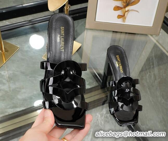 Good Quality Saint Laurent Medium Heel Slide Sandals in Patent Leather Black 0324076