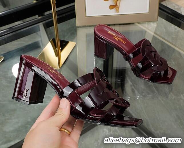 Best Price Saint Laurent Medium Heel Slide Sandals in Patent Leather Burgundy 0324078