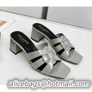 Best Grade Saint Laurent Medium Heel Slide Sandals in Patent Leather 5.5cm Grey 324081