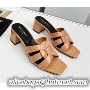 Pretty Style Saint Laurent Medium Heel Slide Sandals in Patent Leather 5.5cm Apricot 324082