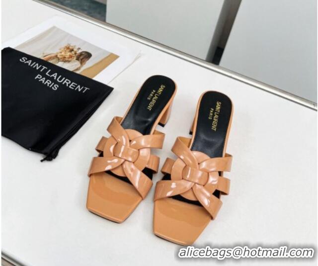 Pretty Style Saint Laurent Medium Heel Slide Sandals in Patent Leather 5.5cm Apricot 324082