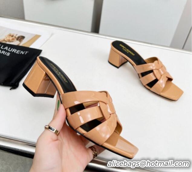 Pretty Style Saint Laurent Medium Heel Slide Sandals in Patent Leather 5.5cm Apricot 324082