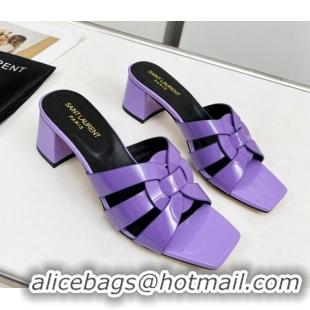 Good Looking Saint Laurent Medium Heel Slide Sandals in Patent Leather 5.5cm Purple 0324083