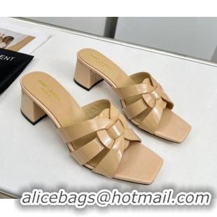 Low Price Saint Laurent Medium Heel Slide Sandals in Patent Leather 5.5cm Nude 324085