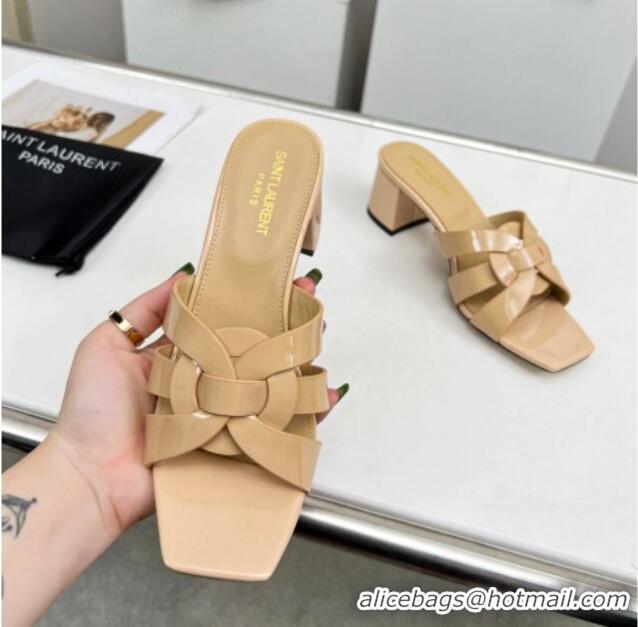 Low Price Saint Laurent Medium Heel Slide Sandals in Patent Leather 5.5cm Nude 324085