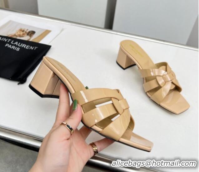 Low Price Saint Laurent Medium Heel Slide Sandals in Patent Leather 5.5cm Nude 324085