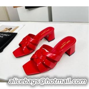 Luxury Cheap Saint Laurent Medium Heel Slide Sandals in Patent Leather 5.5cm Red 324087