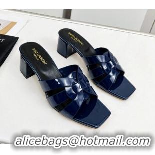 Stylish Saint Laurent Medium Heel Slide Sandals in Patent Leather 5.5cm Navy Blue 0324090