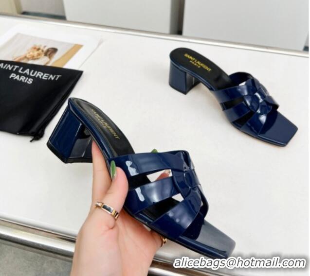 Stylish Saint Laurent Medium Heel Slide Sandals in Patent Leather 5.5cm Navy Blue 0324090