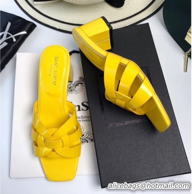 Shop Duplicate Saint Laurent Medium Heel Slide Sandals in Patent Leather 5.5cm Yellow 0324091