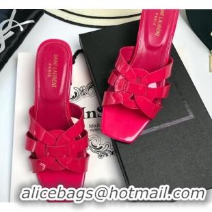 Best Price Saint Laurent Medium Heel Slide Sandals in Patent Leather 5.5cm Dark Pink 0324092