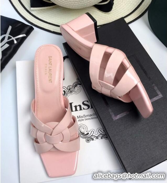 Unique Style Saint Laurent Medium Heel Slide Sandals in Patent Leather 5.5cm Light Pink 0324093