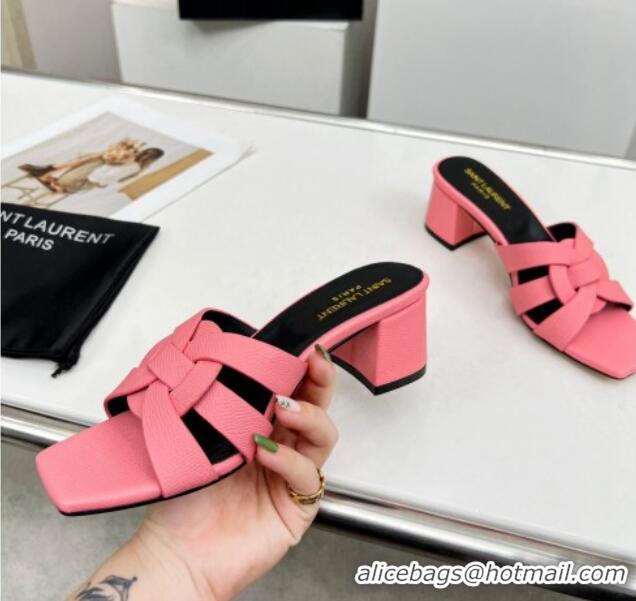 Good Quality Saint Laurent Medium Heel Slide Sandals in Palm-Grained Leather 5.5cm Light Pink 0324094