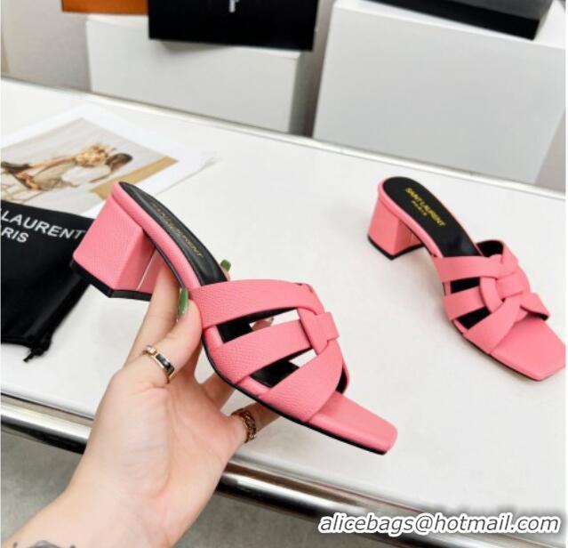 Good Quality Saint Laurent Medium Heel Slide Sandals in Palm-Grained Leather 5.5cm Light Pink 0324094