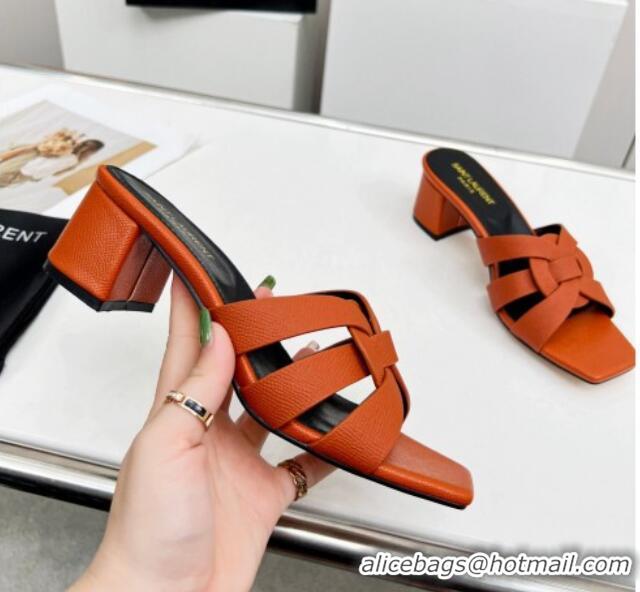 Discount Fashion Saint Laurent Medium Heel Slide Sandals in Palm-Grained Leather 5.5cm Brown 0324095