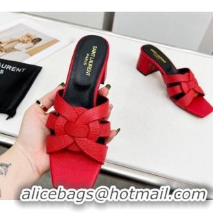 Purchase Saint Laurent Medium Heel Slide Sandals in Palm-Grained Leather 5.5cm Red 0324096