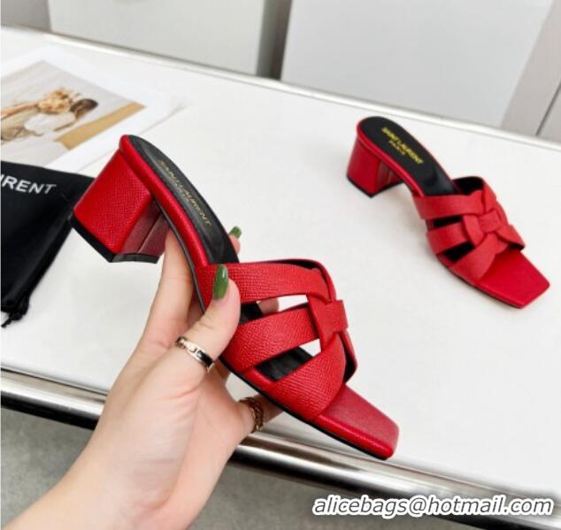 Purchase Saint Laurent Medium Heel Slide Sandals in Palm-Grained Leather 5.5cm Red 0324096