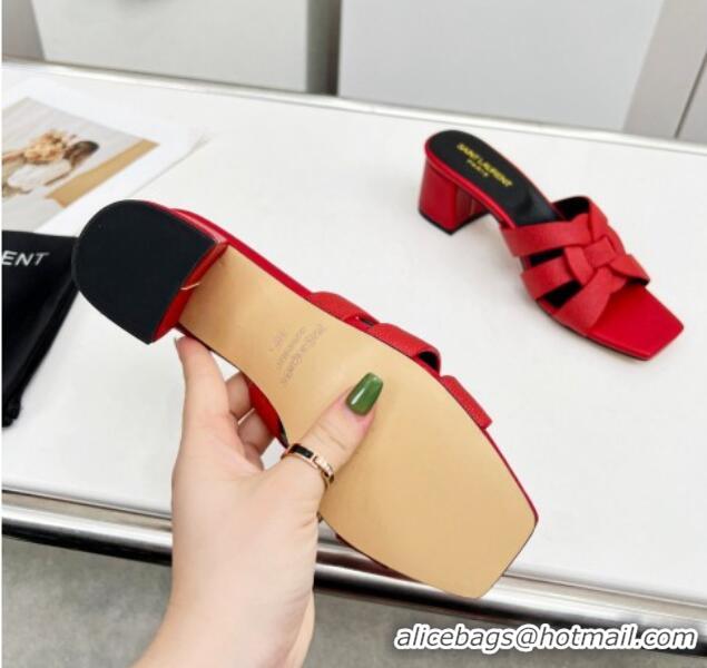 Purchase Saint Laurent Medium Heel Slide Sandals in Palm-Grained Leather 5.5cm Red 0324096