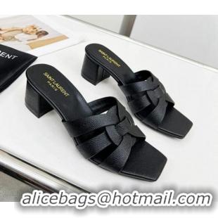 Good Product Saint Laurent Medium Heel Slide Sandals in Palm-Grained Leather 5.5cm Black 324097