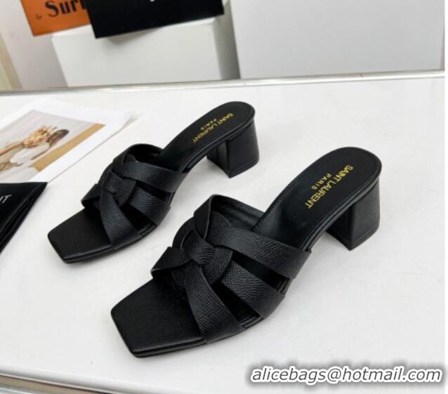 Good Product Saint Laurent Medium Heel Slide Sandals in Palm-Grained Leather 5.5cm Black 324097