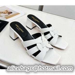 Luxurious Saint Laurent Medium Heel Slide Sandals in Palm-Grained Leather 5.5cm White 324098