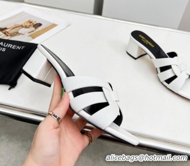 Luxurious Saint Laurent Medium Heel Slide Sandals in Palm-Grained Leather 5.5cm White 324098