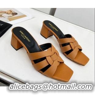 Charming Saint Laurent Medium Heel Slide Sandals in Palm-Grained Leather 5.5cm Brown 0324099