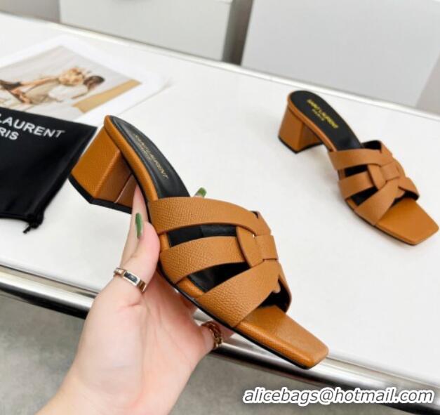 Charming Saint Laurent Medium Heel Slide Sandals in Palm-Grained Leather 5.5cm Brown 0324099