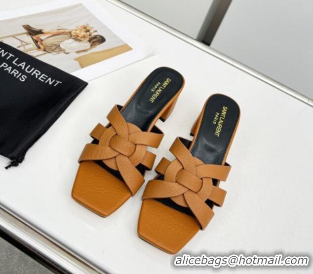 Charming Saint Laurent Medium Heel Slide Sandals in Palm-Grained Leather 5.5cm Brown 0324099