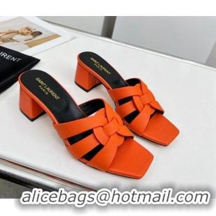 Stylish Saint Laurent Medium Heel Slide Sandals in Palm-Grained Leather 5.5cm Orange 324101