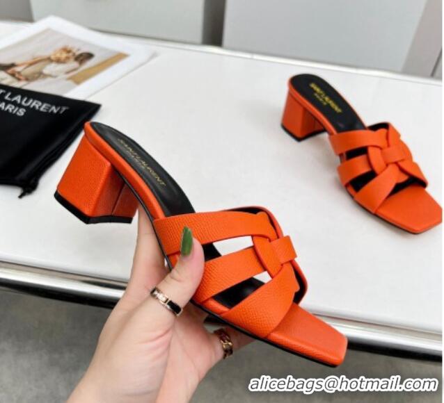 Stylish Saint Laurent Medium Heel Slide Sandals in Palm-Grained Leather 5.5cm Orange 324101