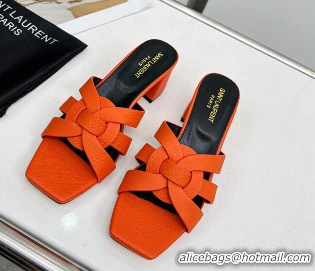 Stylish Saint Laurent Medium Heel Slide Sandals in Palm-Grained Leather 5.5cm Orange 324101