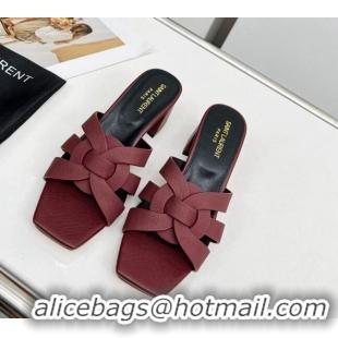 Hot Style Saint Laurent Medium Heel Slide Sandals in Palm-Grained Leather 5.5cm Burgundy 324102 