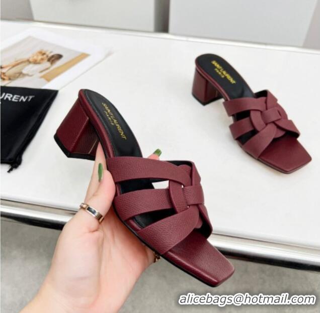 Hot Style Saint Laurent Medium Heel Slide Sandals in Palm-Grained Leather 5.5cm Burgundy 324102 