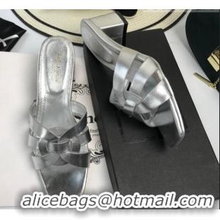 Perfect Saint Laurent Lambskin Medium Heel Slide Sandals 5.5cm Silver 0324104