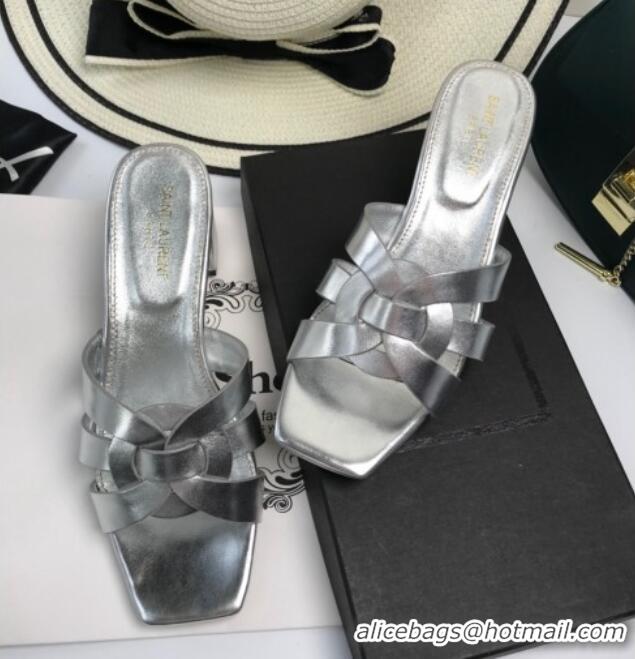 Perfect Saint Laurent Lambskin Medium Heel Slide Sandals 5.5cm Silver 0324104