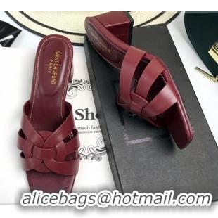 Grade Saint Laurent Lambskin Medium Heel Slide Sandals 5.5cm Burgundy 0324105