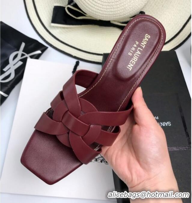 Grade Saint Laurent Lambskin Medium Heel Slide Sandals 5.5cm Burgundy 0324105