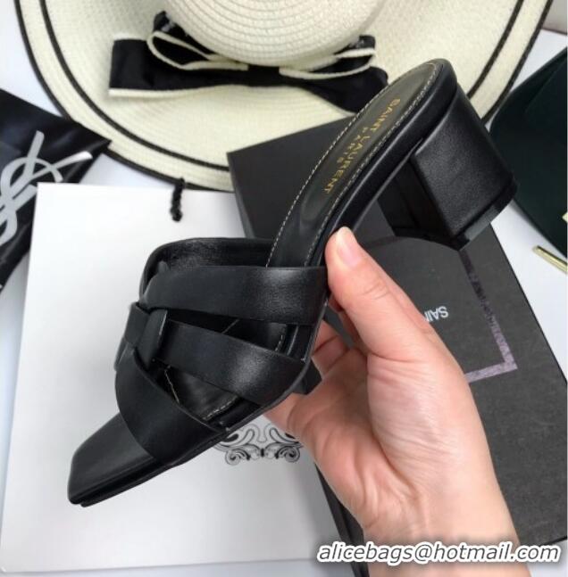 Original Cheap Saint Laurent Lambskin Medium Heel Slide Sandals 5.5cm Black 0324107