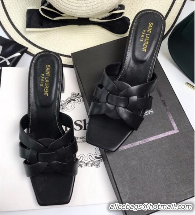 Original Cheap Saint Laurent Lambskin Medium Heel Slide Sandals 5.5cm Black 0324107