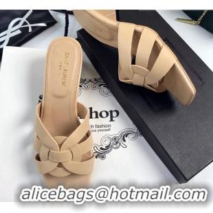 Stylish Saint Laurent Lambskin Medium Heel Slide Sandals 5.5cm Nude 0324108