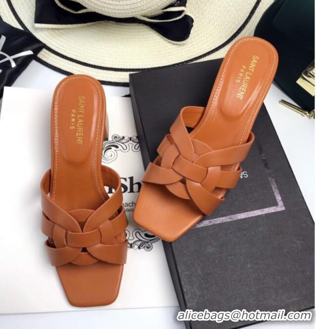 Pretty Style Saint Laurent Lambskin Medium Heel Slide Sandals 5.5cm Brown 0324109