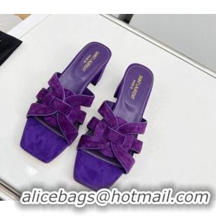 Top Design Saint Laurent Suede Medium Heel Slide Sandals 4.5cm Purple 0324111