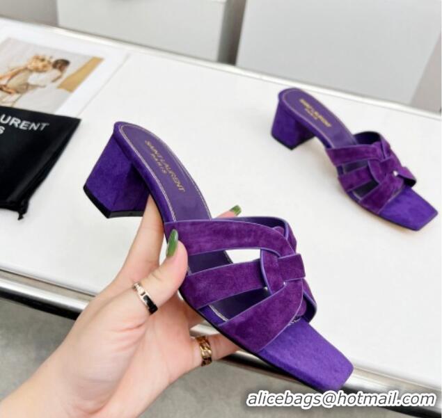 Top Design Saint Laurent Suede Medium Heel Slide Sandals 4.5cm Purple 0324111