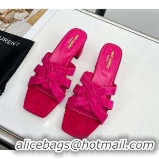 Cheap Price Saint Laurent Suede Medium Heel Slide Sandals 4.5cm Dark Pink 324112