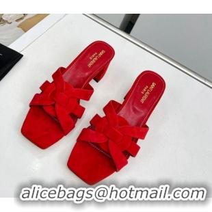 Low Cost Saint Laurent Suede Medium Heel Slide Sandals 4.5cm Red 0324113