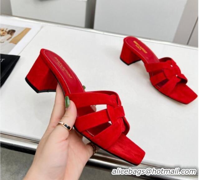 Low Cost Saint Laurent Suede Medium Heel Slide Sandals 4.5cm Red 0324113