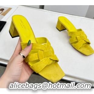 Pretty Style Saint Laurent Suede Medium Heel Slide Sandals 4.5cm Yellow 0324114